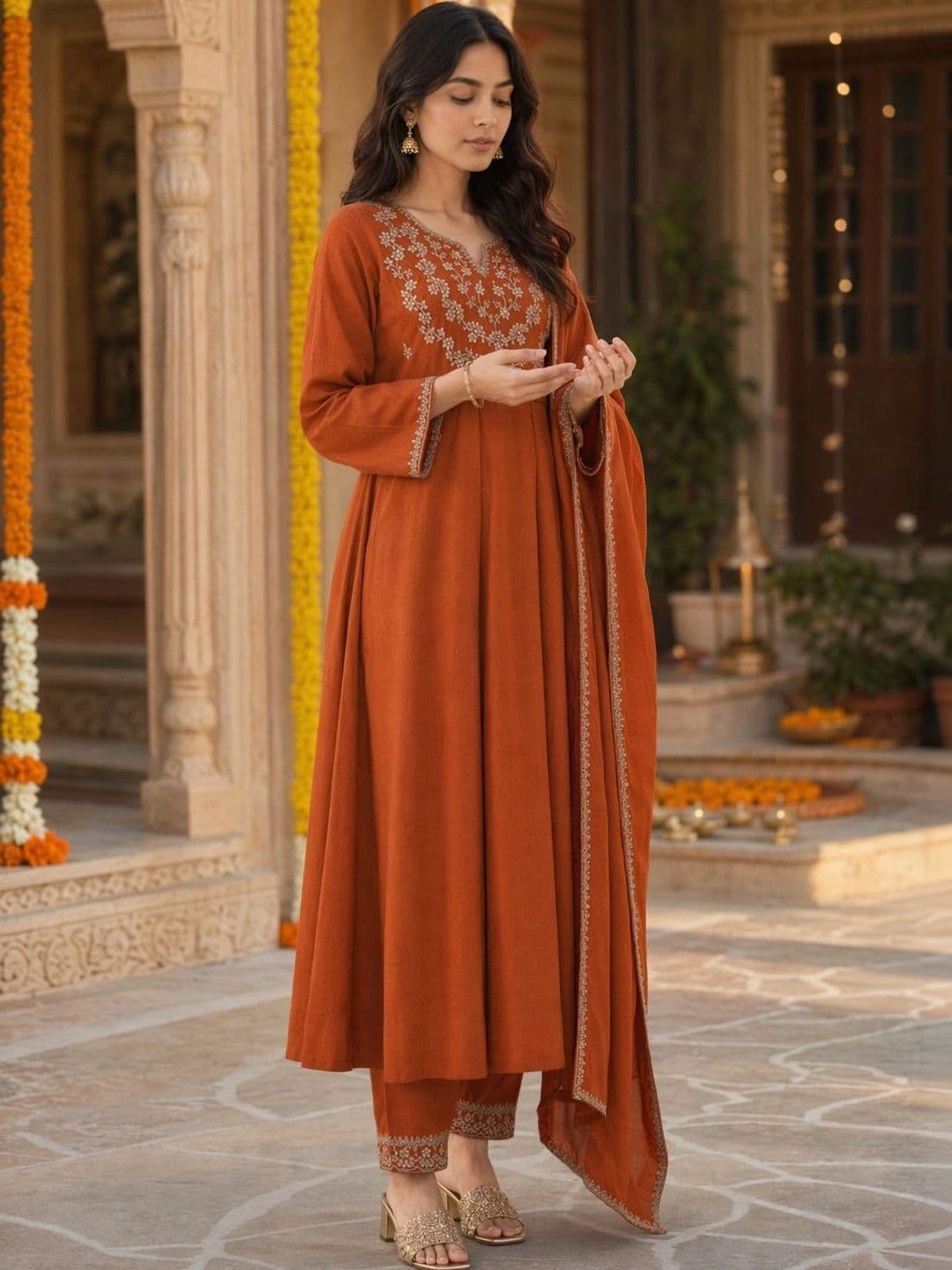 Sangria Women Ethnic Motifs Embroidered Empire Thread Work Kurta with Trousers & With Dupatta thumbnail 6
