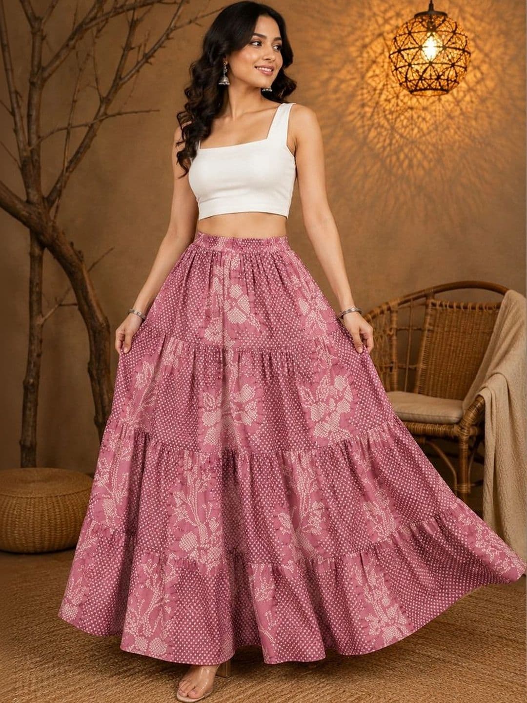House of Sakhhi Women Pure Cotton Blend Floral Tiered Maxi Flared Skirt thumbnail 5