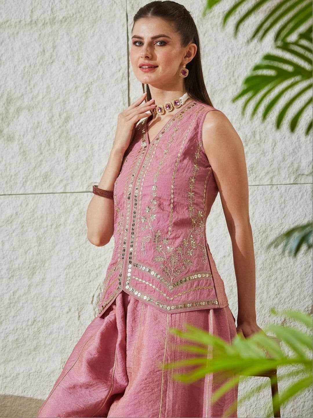 MOKOSH Women Ethnic Motifs Embroidered Regular Mirror Work Pure Silk Kurta with Palazzos thumbnail 4