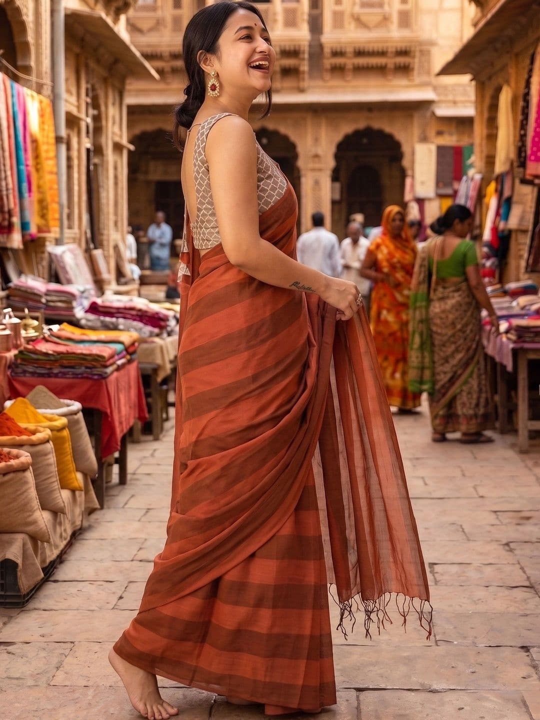 Vmdesigns Striped Zari Linen Blend Saree thumbnail 2