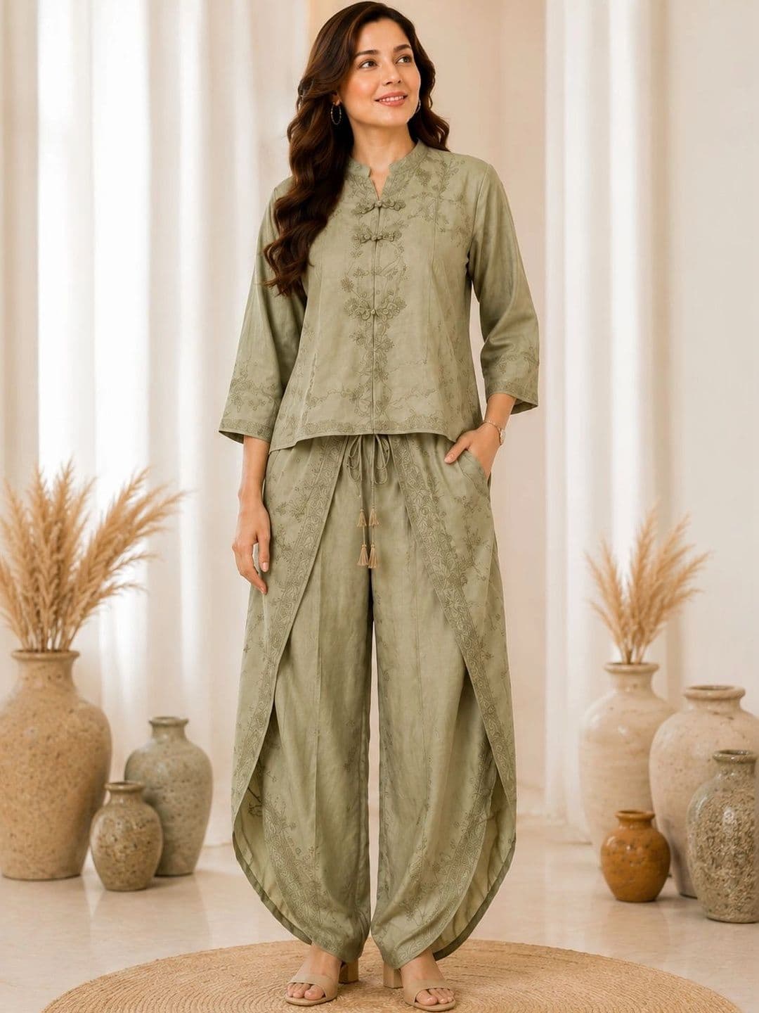 IKSHARA Cotton Embroidered Top with Palazzos - view 1