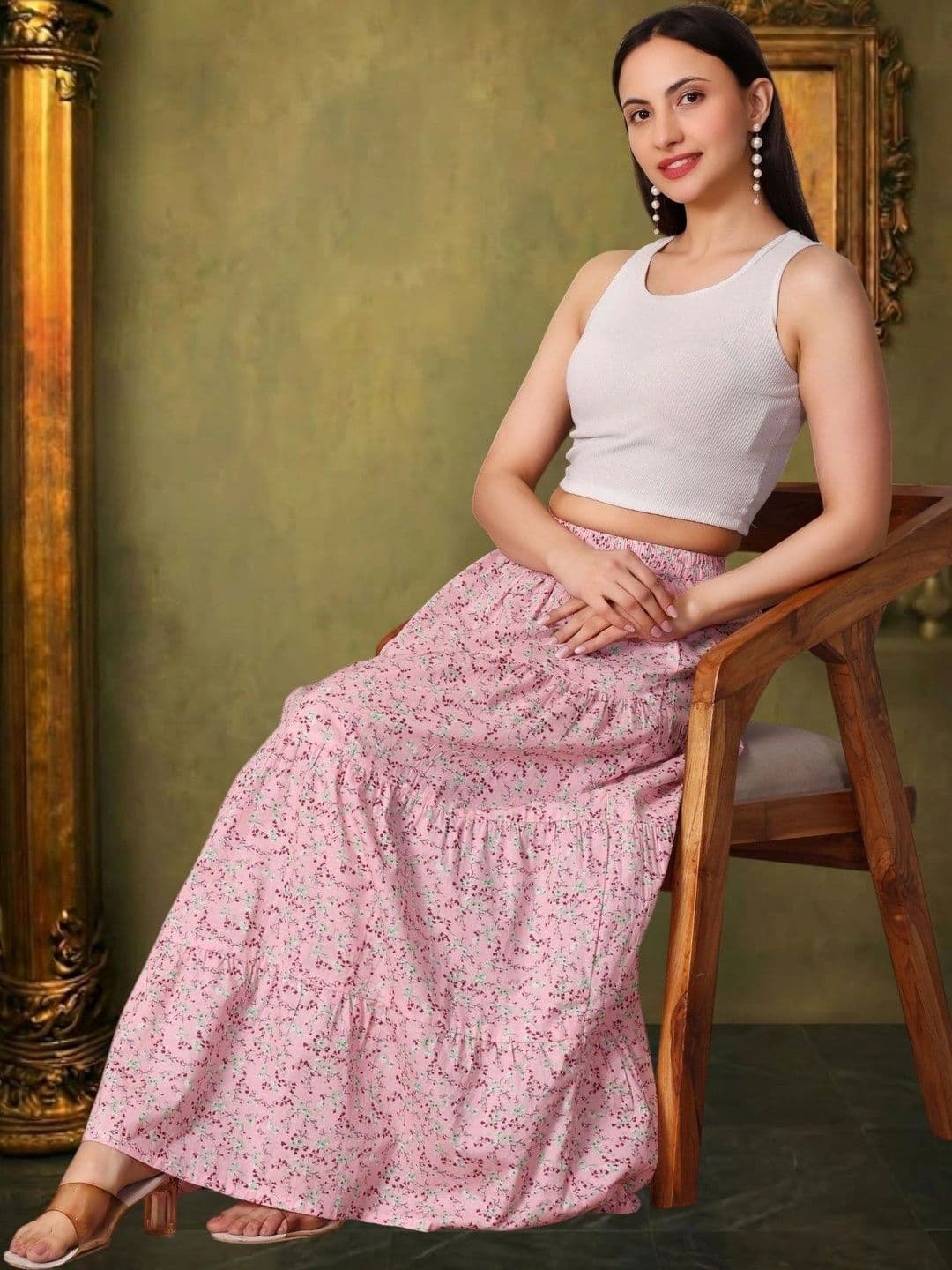 House of Sakhhi Women Pure Cotton Blend Floral Micro or Ditsy Print Maxi Tiered Skirt thumbnail 5