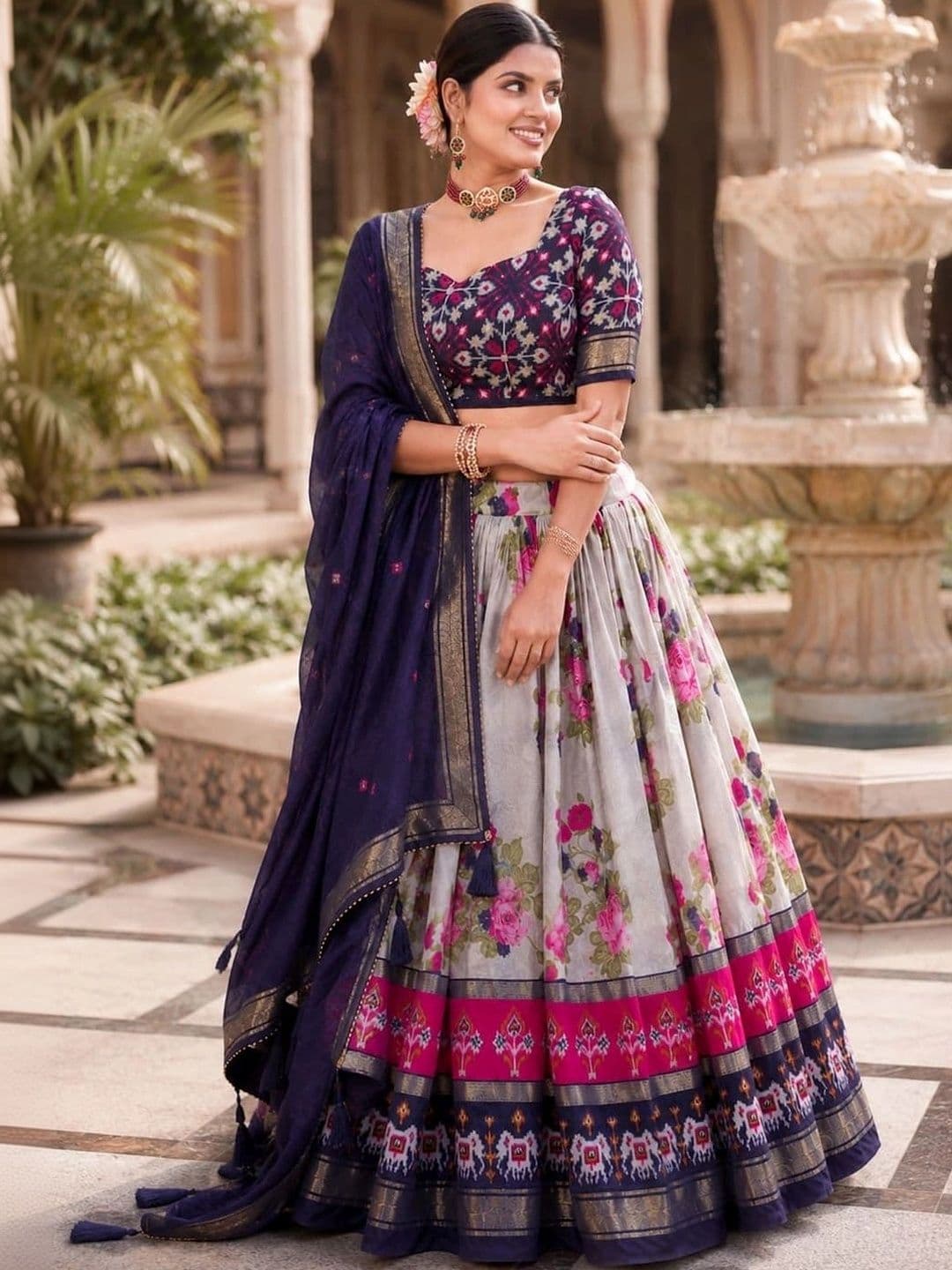 House of Pataudi Printed Semi-Stitched Lehenga & Unstitched Blouse Taping thumbnail 3