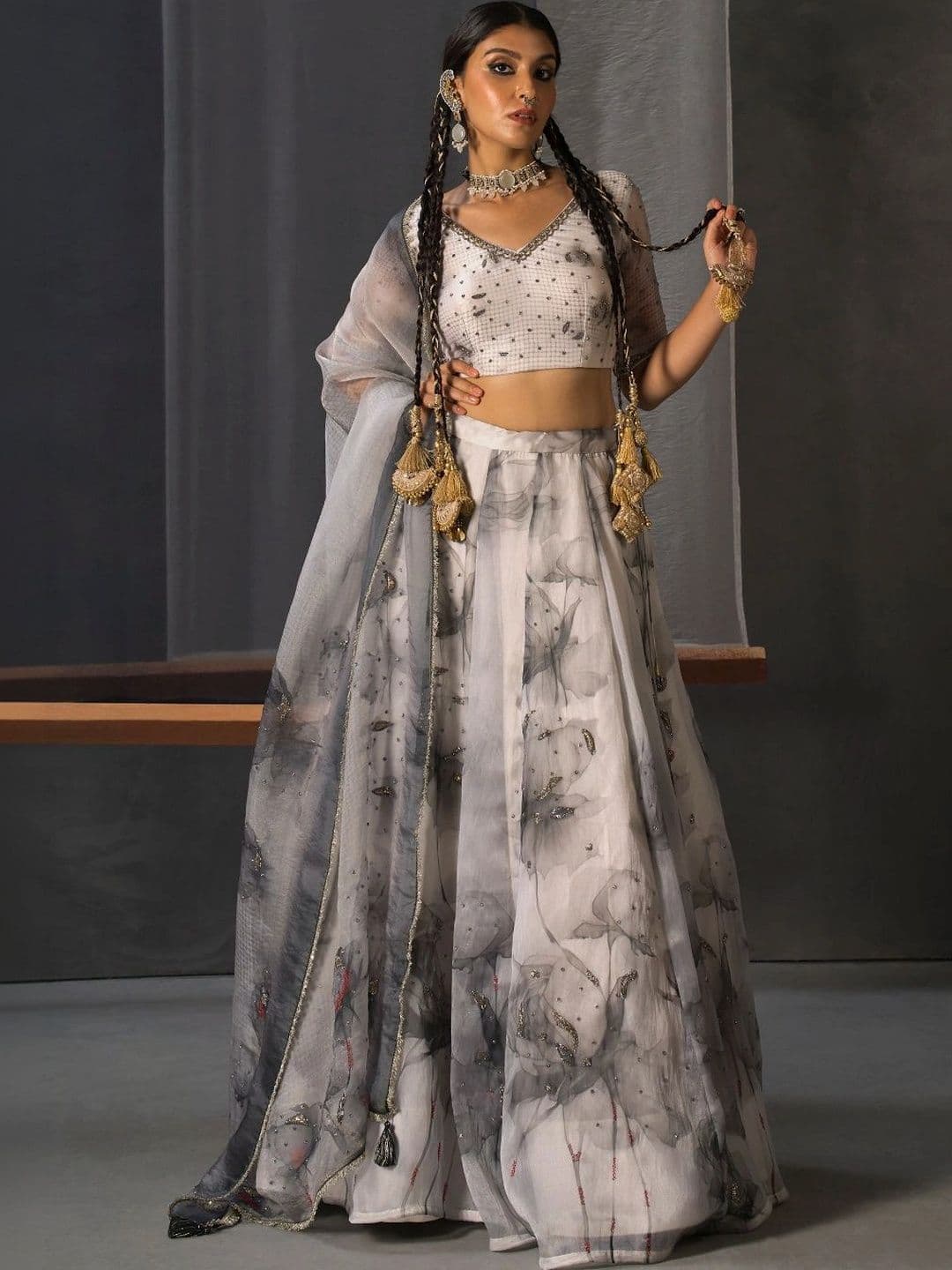 JIVANIS Embellished Thread Work Ready to Wear Lehenga & Blouse With Dupatta - view 1