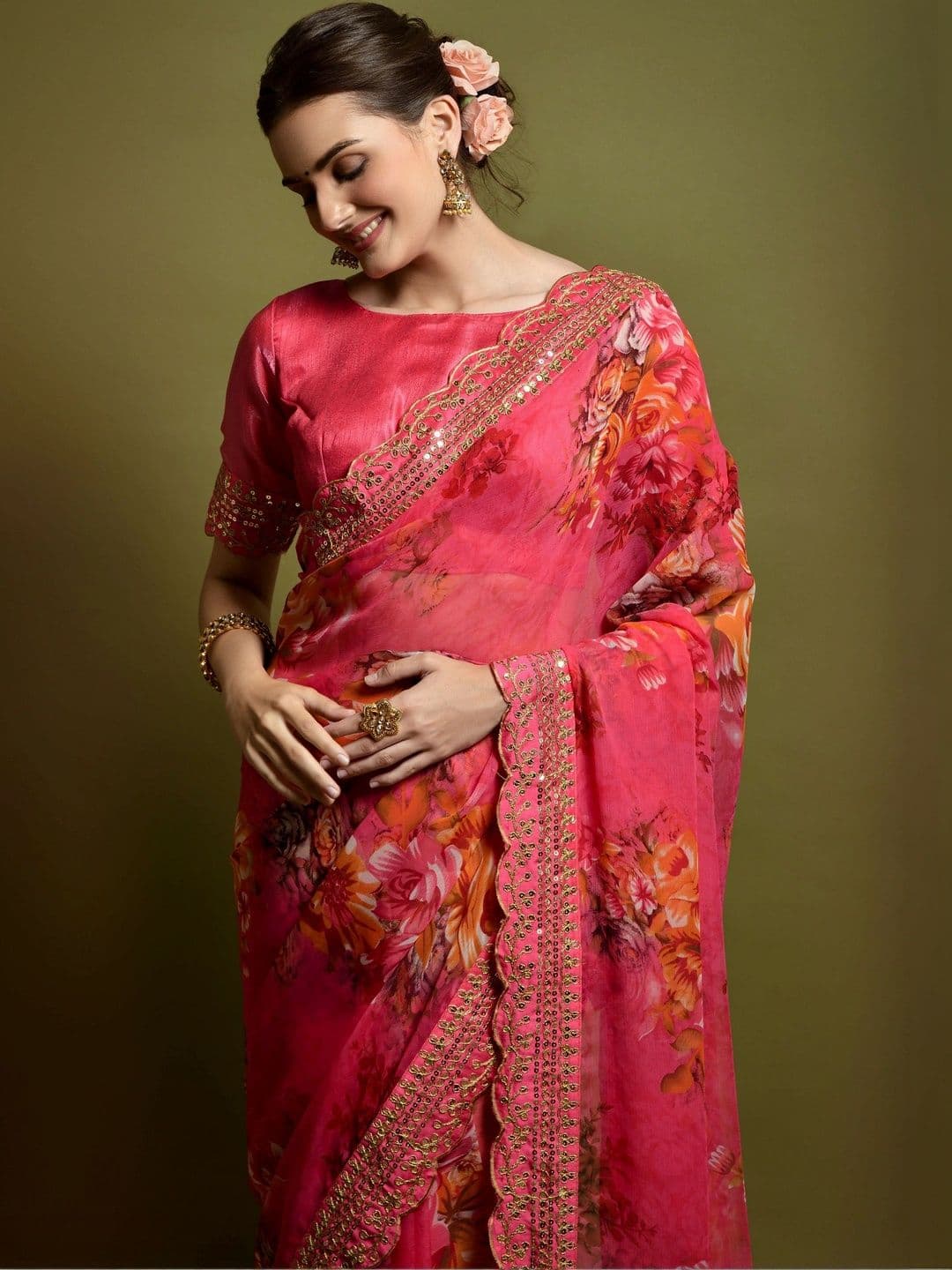 KALINI Floral Embroidered Pure Chiffon Saree thumbnail 2