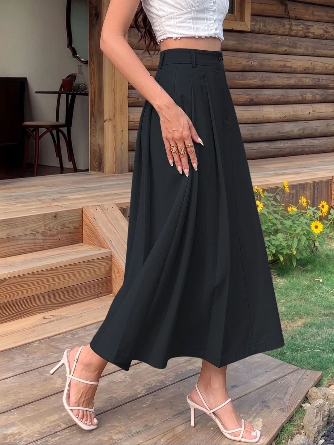 MULVARI Women Cotton Blend Midi Flared Skirt thumbnail 2