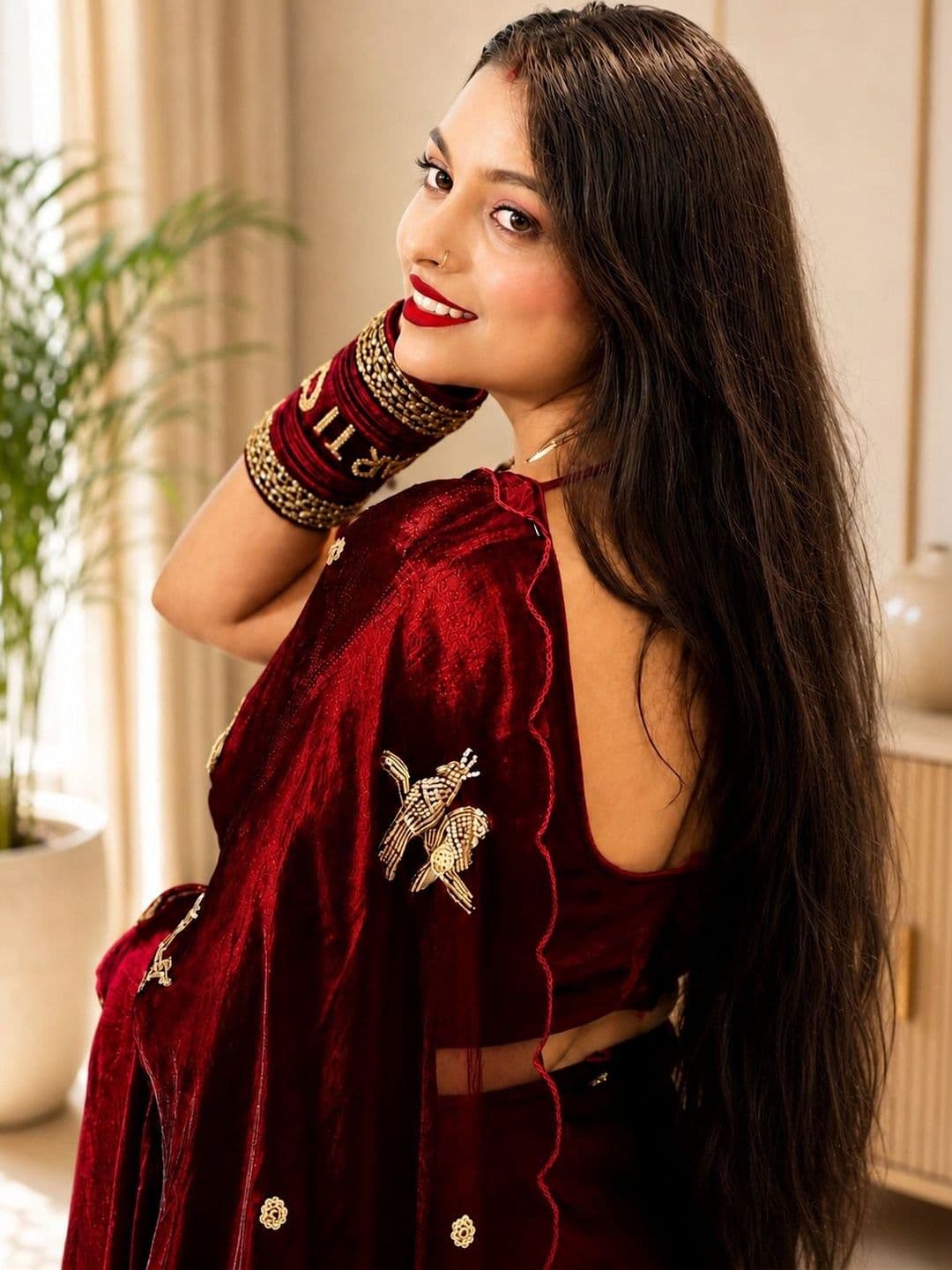 HK TEX Embroidered Satin Saree thumbnail 5