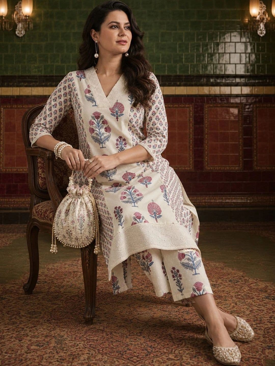House of Pataudi Women Ethnic Motifs Printed Regular Pure Cotton Kurta with Palazzos thumbnail 3