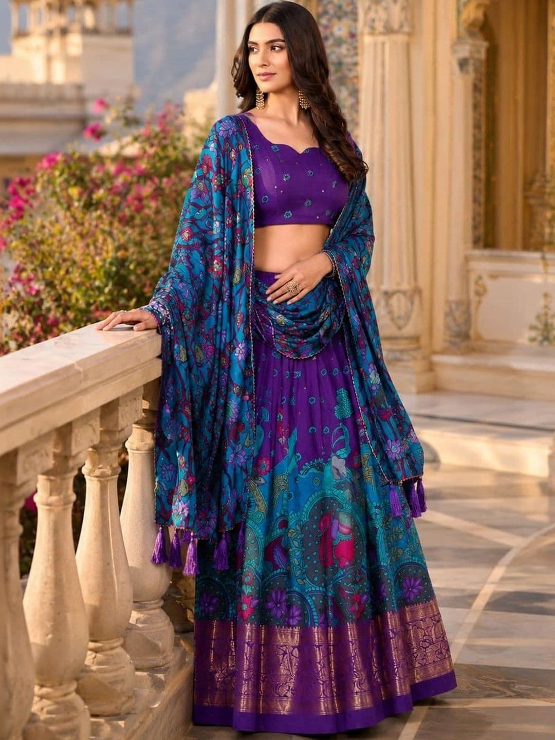 House of Pataudi Embellished Semi-Stitched Lehenga & Unstitched Blouse Tassels thumbnail 3