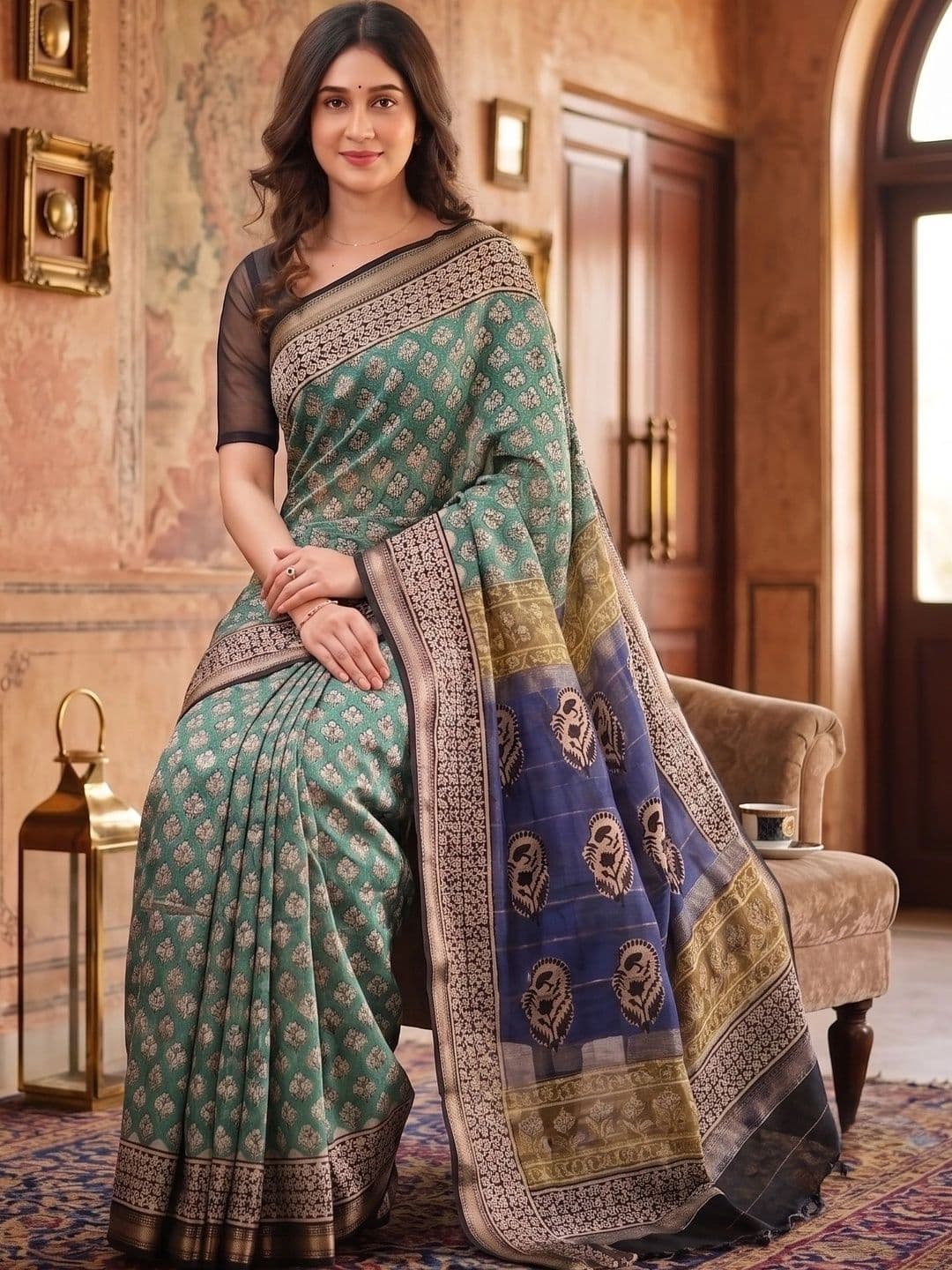 you shop we ship Woven Design Zari Linen Blend Saree thumbnail 2