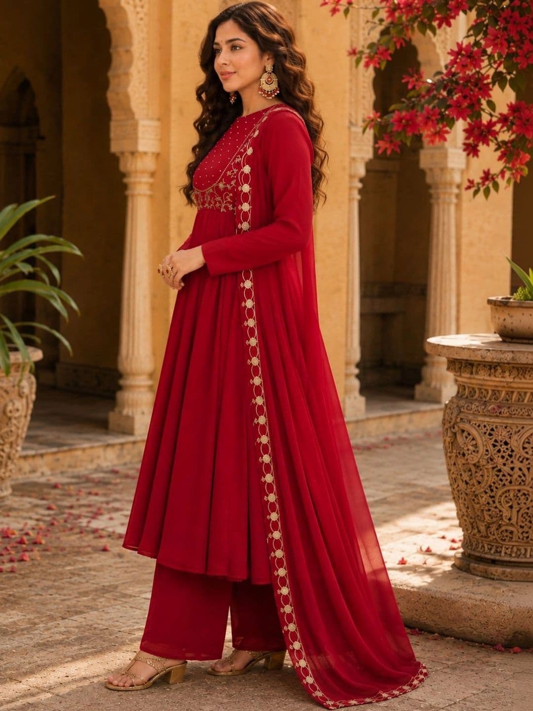 PREMNAD Women Ethnic Motifs Embroidered Empire Kurta with Palazzos & With Dupatta thumbnail 3
