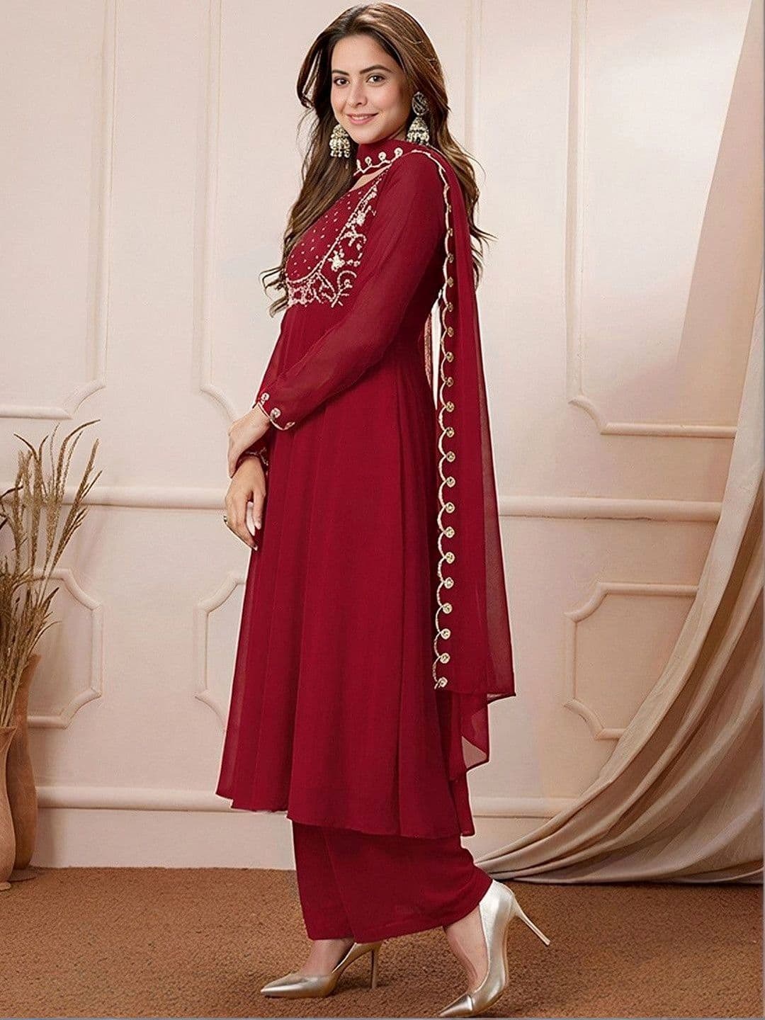 Anouk Women Embroidered Empire Thread Work Kurta with Palazzos & With Dupatta thumbnail 2
