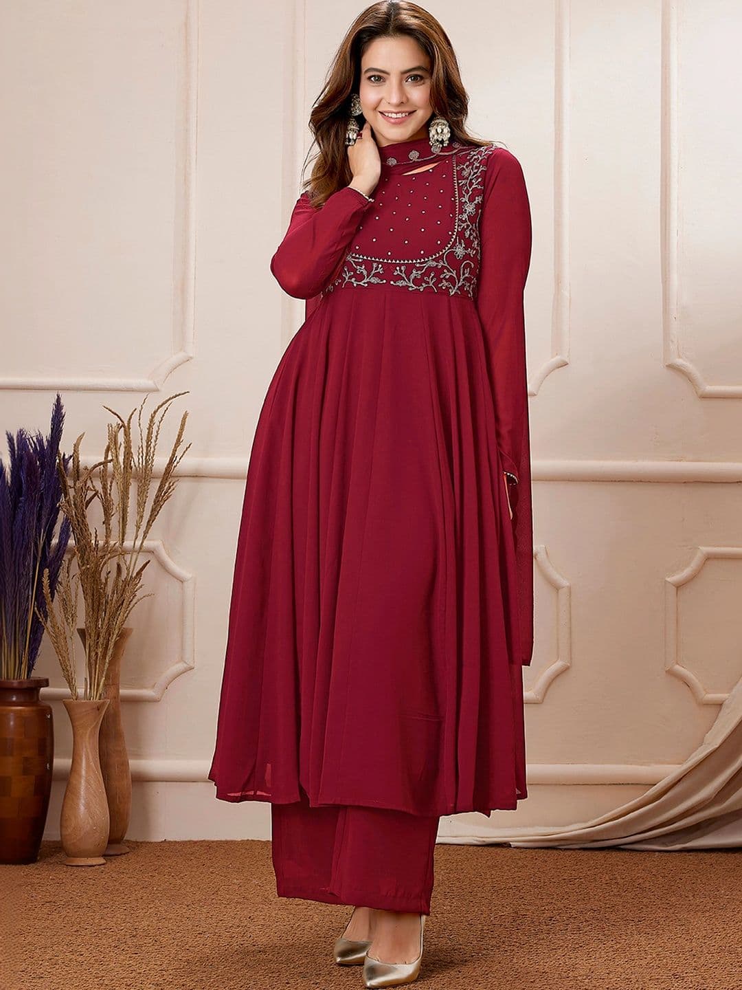 Anouk Women Embroidered Empire Thread Work Kurta with Palazzos & With Dupatta thumbnail 3