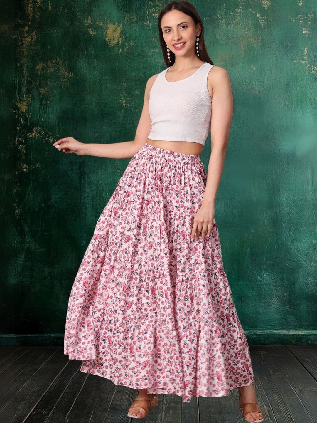 House of Sakhhi Women Pure Cotton Blend Floral Maxi Flared Skirt thumbnail 3