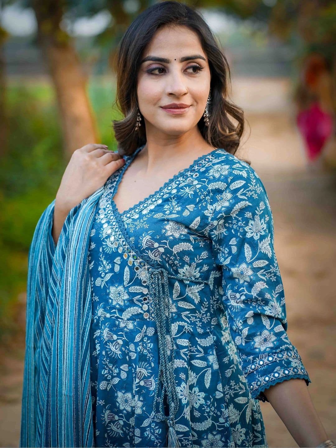 Sangria Women Floral Printed Angrakha Mirror Work Pure Cotton Kurta with Trousers & With Dupatta thumbnail 4
