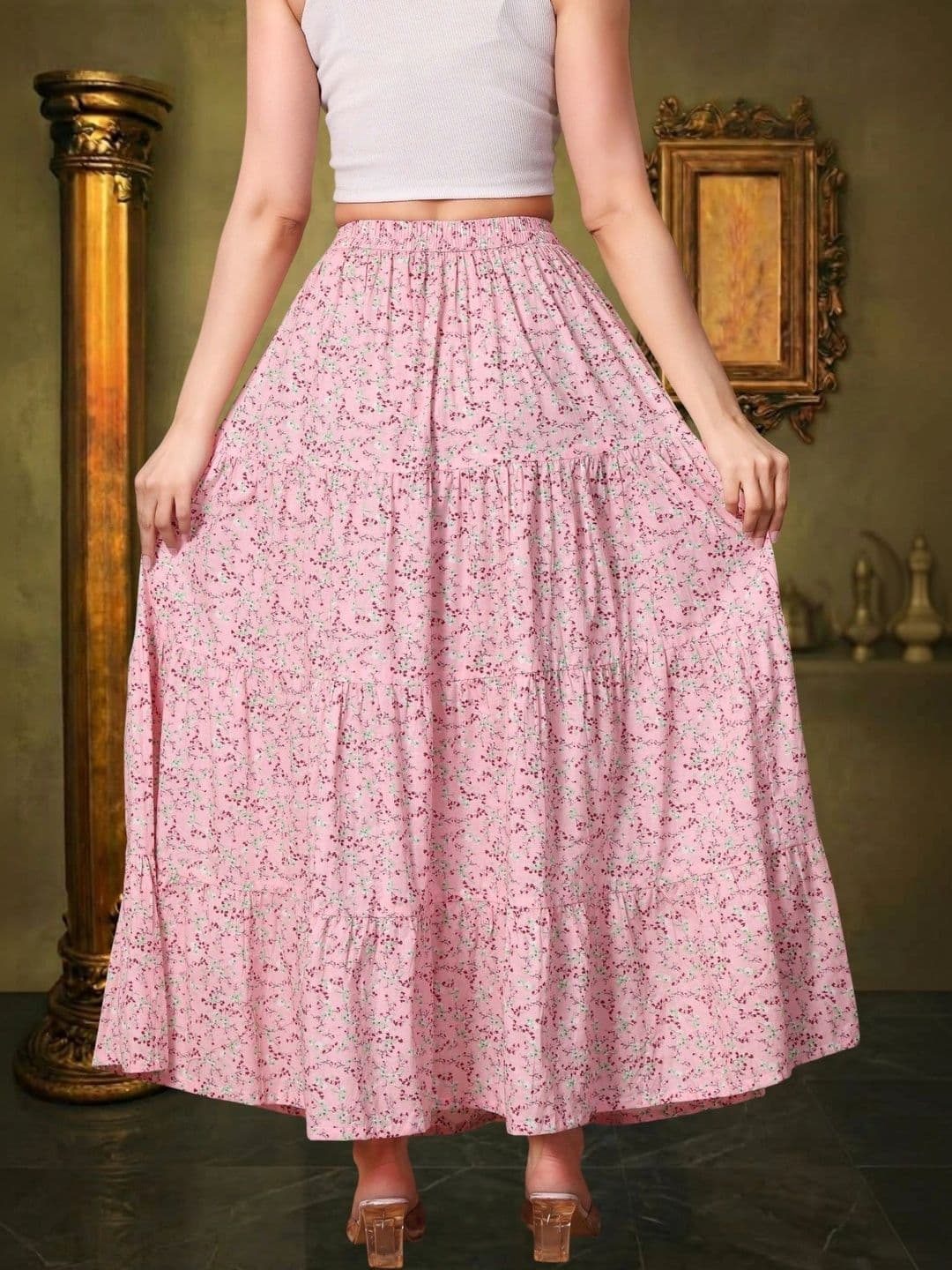 House of Sakhhi Women Pure Cotton Blend Floral Micro or Ditsy Print Maxi Tiered Skirt thumbnail 4