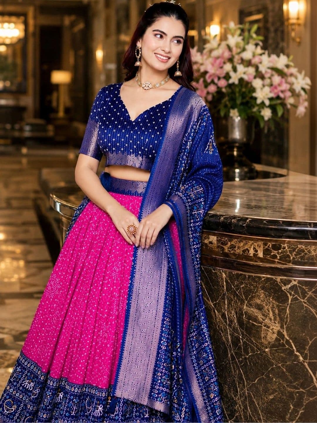 House of Pataudi Ikat Semi-Stitched Lehenga & Unstitched Blouse Taping thumbnail 2