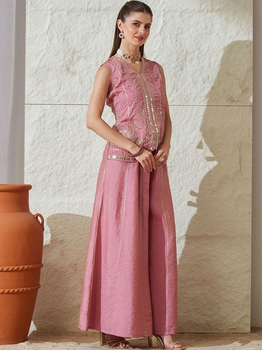 MOKOSH Women Ethnic Motifs Embroidered Regular Mirror Work Pure Silk Kurta with Palazzos thumbnail 2