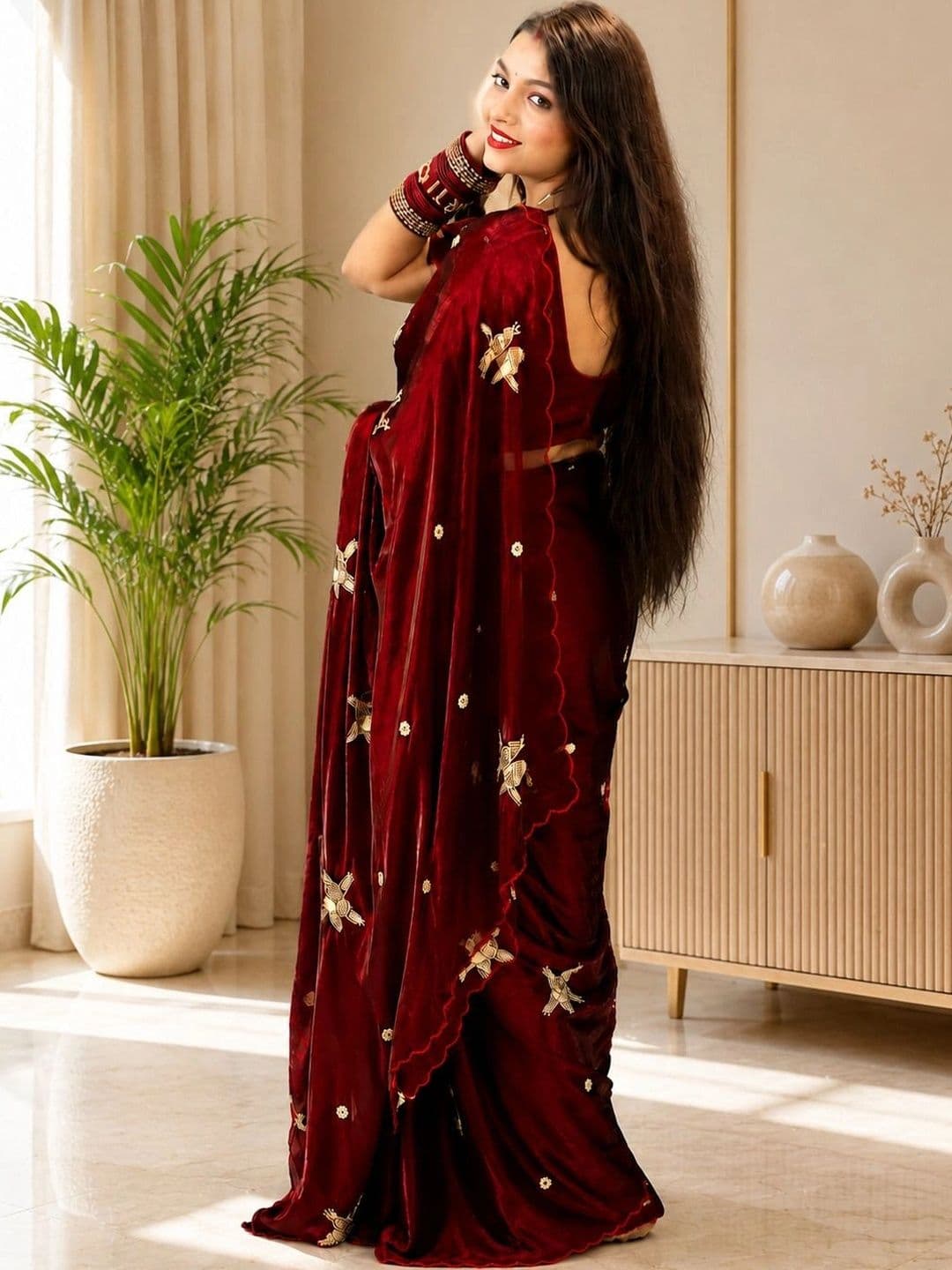 HK TEX Embroidered Satin Saree thumbnail 3