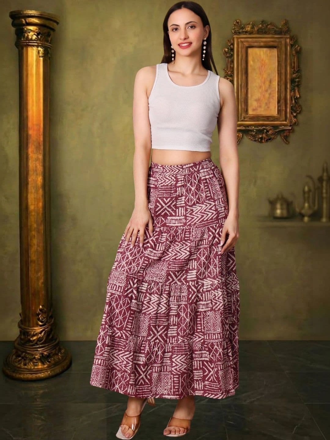 House of Sakhhi Women Pure Cotton Blend Geometric Tribal or Aztec Print Maxi Tiered Skirt - view 1