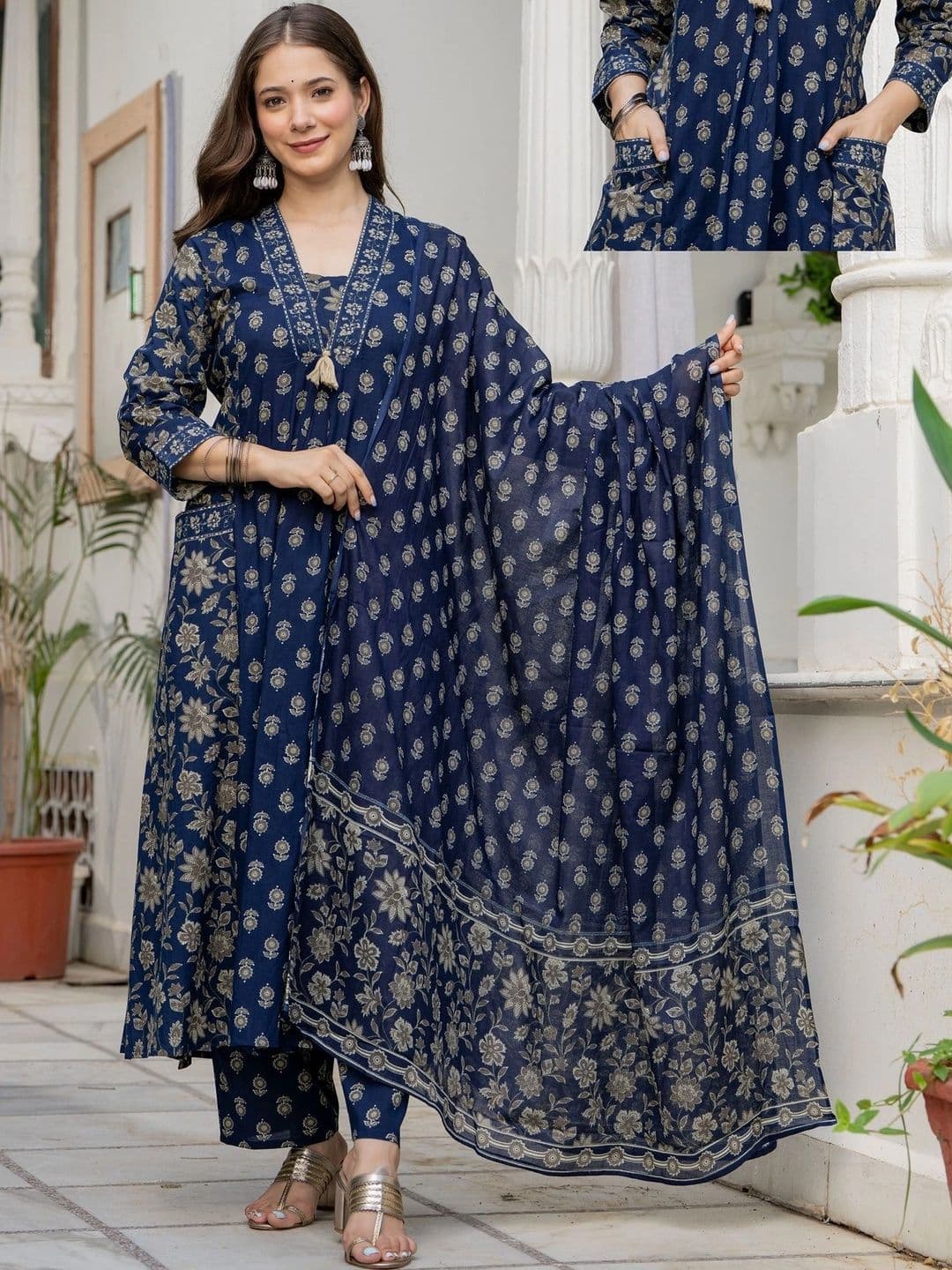 PARTHVI Women Floral Printed Regular Pure Cotton Kurta with Trousers & With Dupatta - view 1