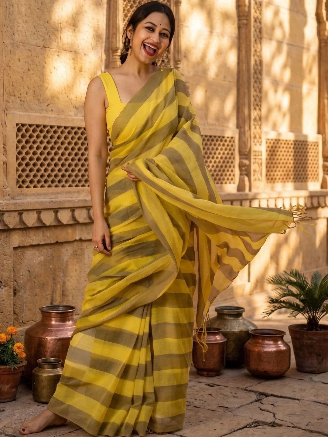 YASHASVI FASHION Striped Zari Linen Blend Saree thumbnail 2