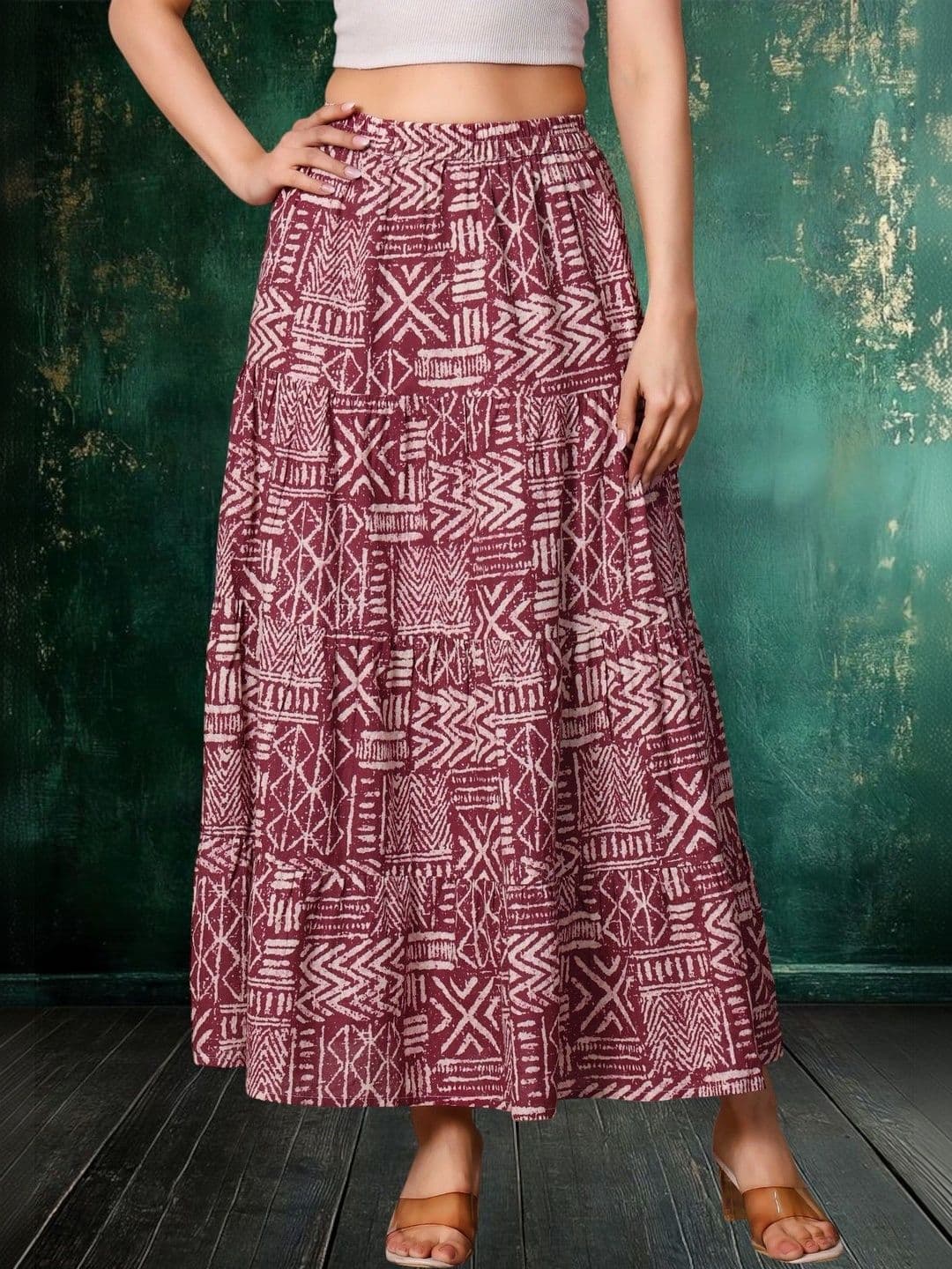 House of Sakhhi Women Pure Cotton Blend Abstract Maxi Tiered Skirt - view 1