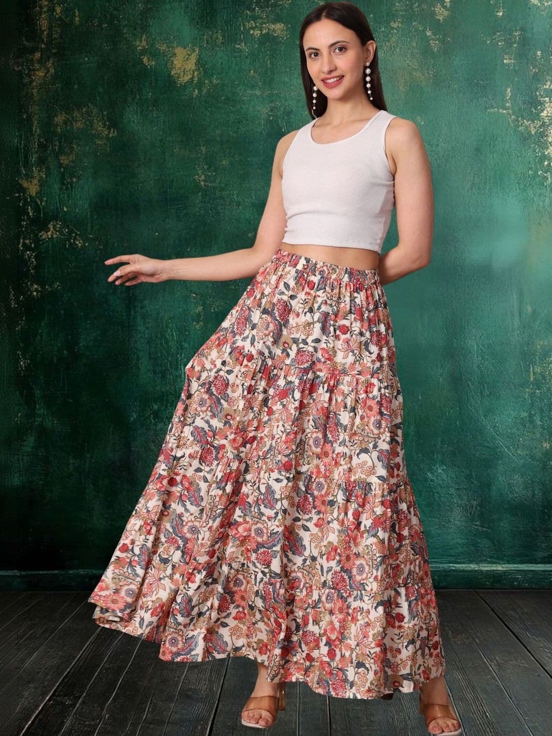 House of Sakhhi Women Pure Cotton Blend Floral Maxi Tiered Skirt thumbnail 6