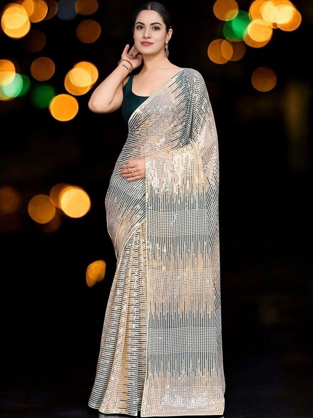 Mitera Striped Sequinned Poly Georgette Designer Saree - view 1