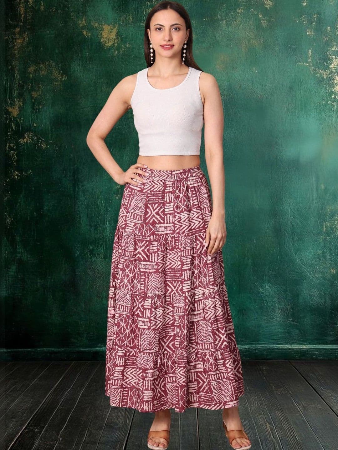 House of Sakhhi Women Pure Cotton Blend Abstract Maxi Tiered Skirt thumbnail 4
