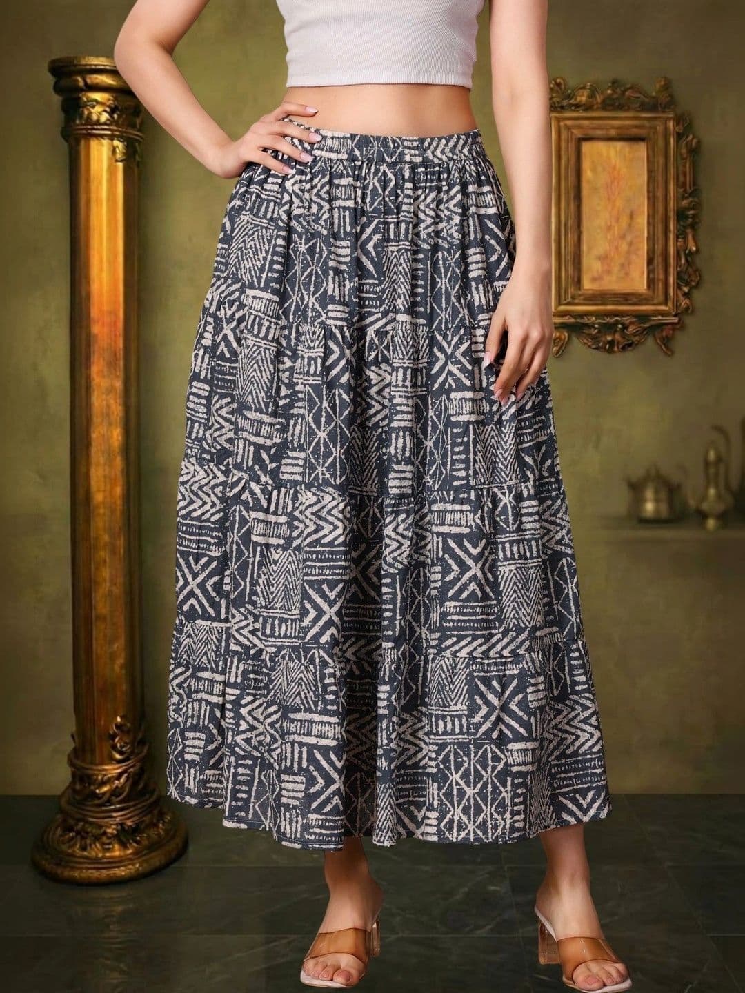 House of Sakhhi Women Pure Cotton Blend Abstract Maxi Flared Skirt - view 1