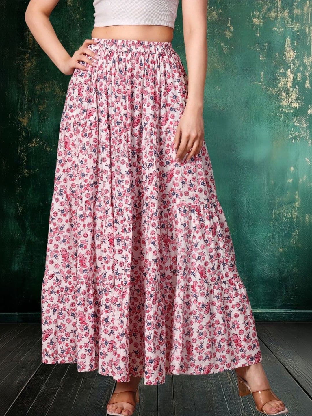 House of Sakhhi Women Pure Cotton Blend Floral Maxi Flared Skirt - view 1