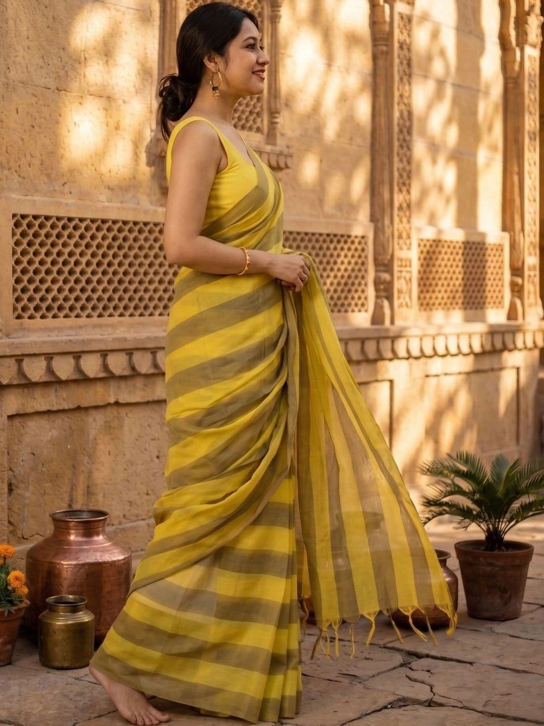 FINFOL Striped Zari Linen Blend Saree thumbnail 3