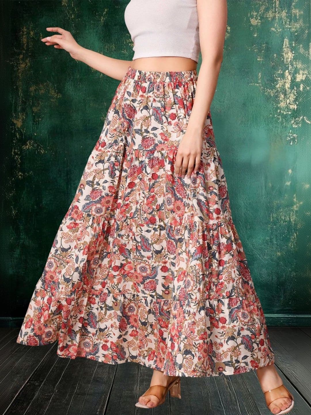 House of Sakhhi Women Pure Cotton Blend Floral Maxi Tiered Skirt thumbnail 7