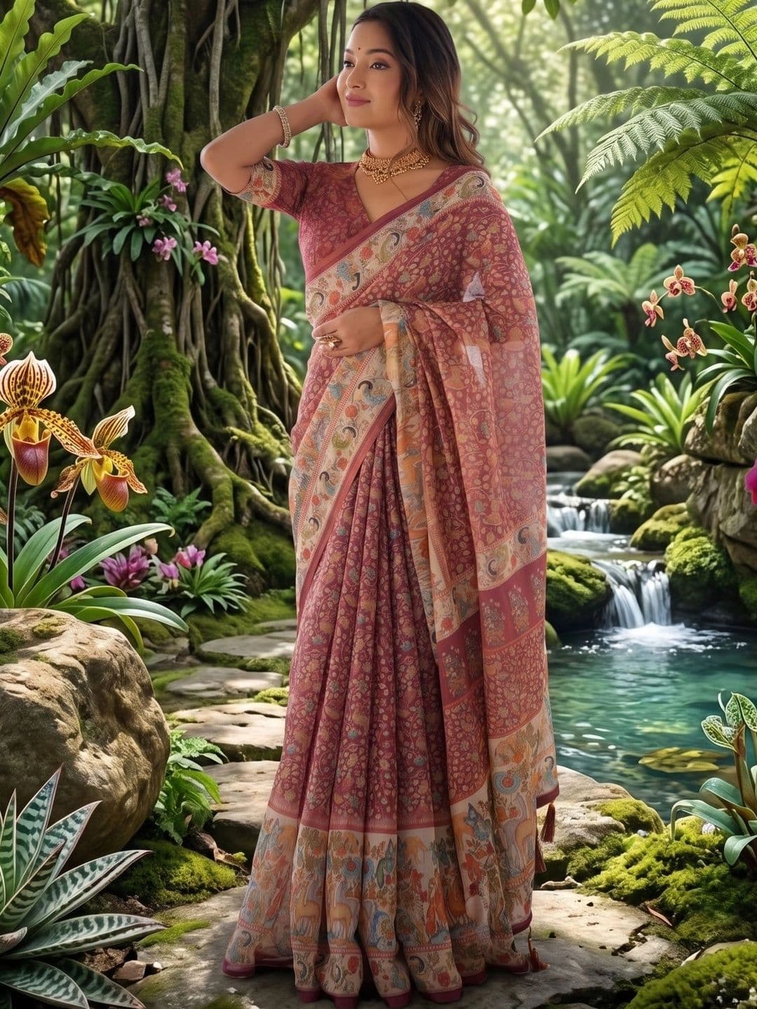 AJ FASHION PLUS Kalamkari Zari Linen Blend Saree thumbnail 4