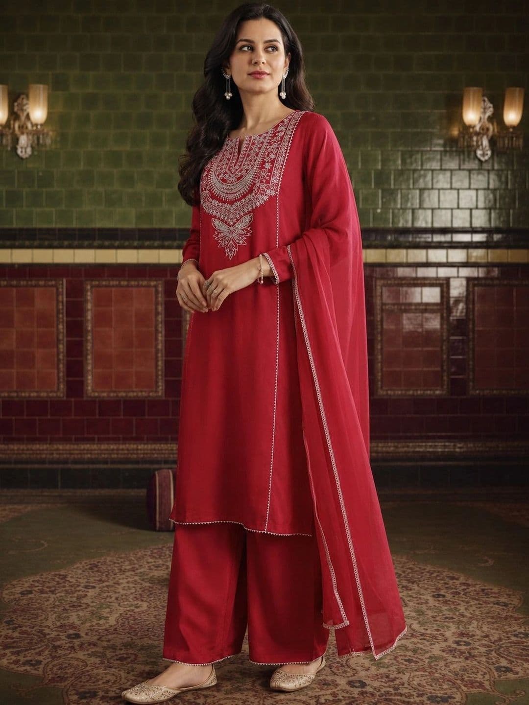 House of Pataudi Women Ethnic Motifs Embroidered Regular Thread Work Kurta with Palazzos & With Dupatta thumbnail 5