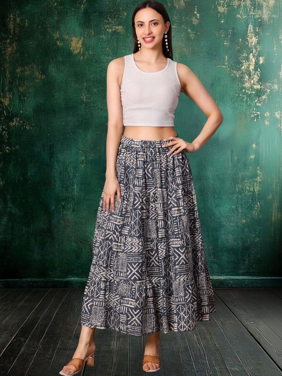 House of Sakhhi Women Pure Cotton Blend Geometric Bohemian Maxi Tiered Skirt thumbnail 3