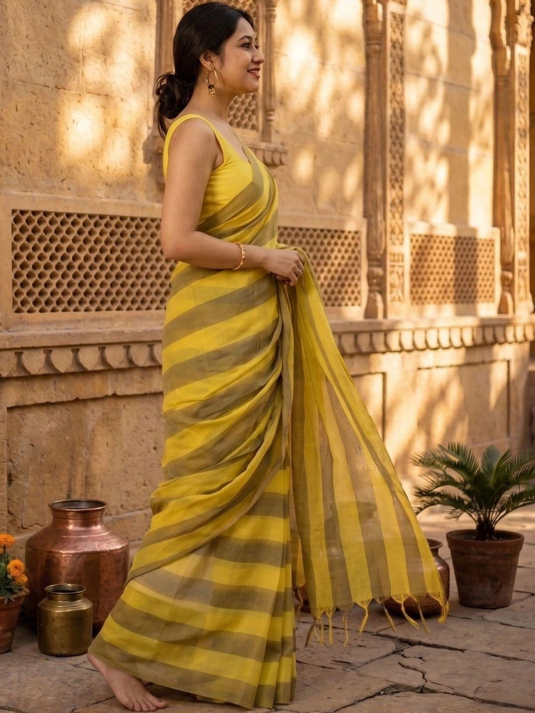Bhagirath Fashion Striped Zari Linen Blend Saree thumbnail 6
