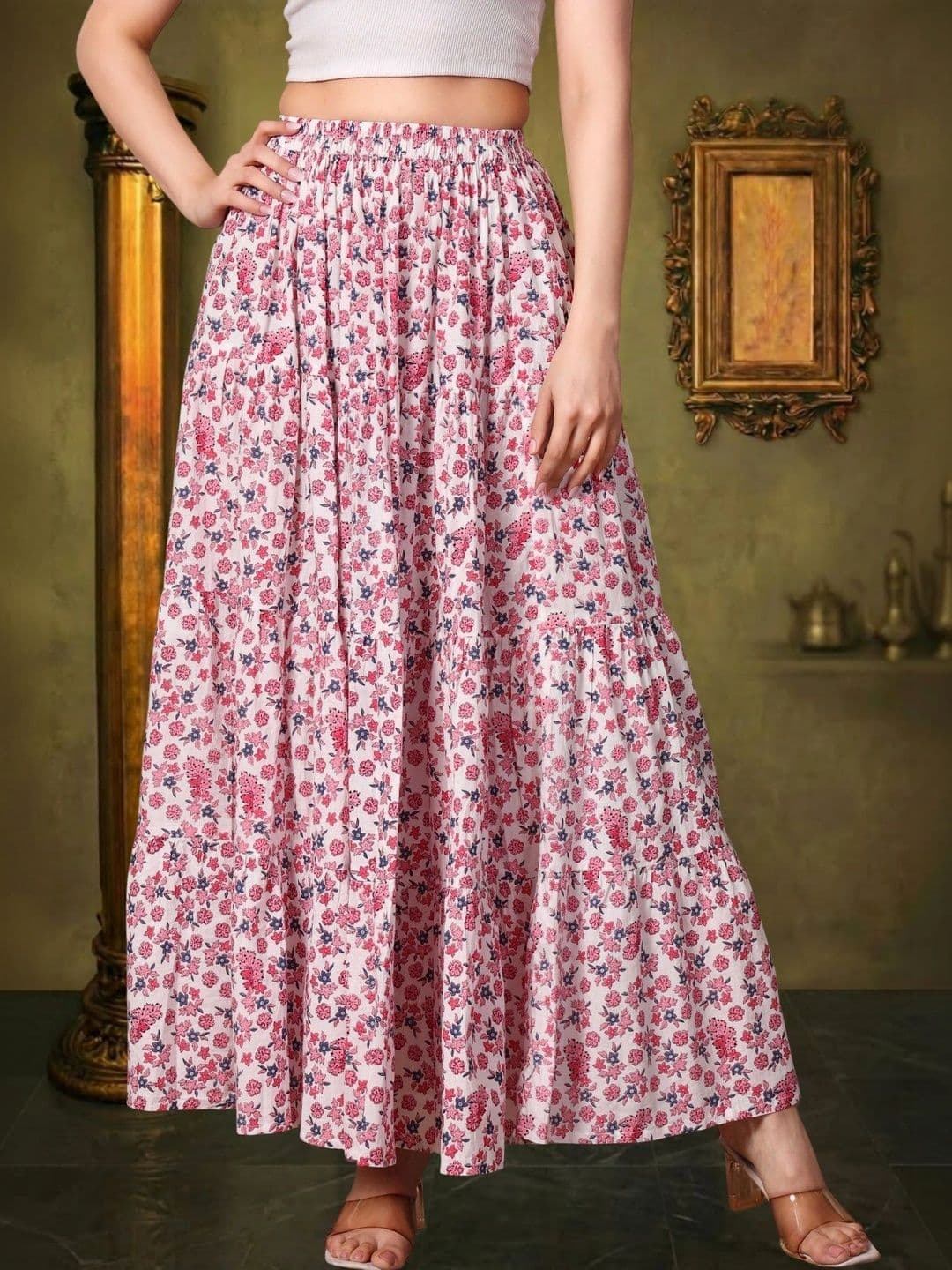 House of Sakhhi Women Pure Cotton Blend Floral Maxi Flared Skirt - view 1