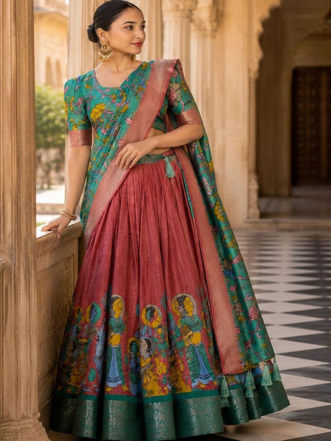 House of Pataudi Printed women  Semi-Stitched Lehenga & Unstitched Blouse Taping thumbnail 2