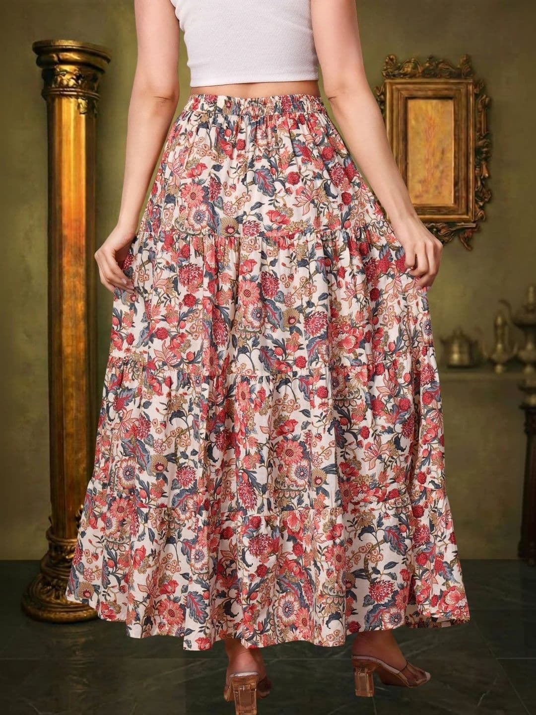 House of Sakhhi Women Pure Cotton Blend Floral Maxi Flared Skirt thumbnail 5
