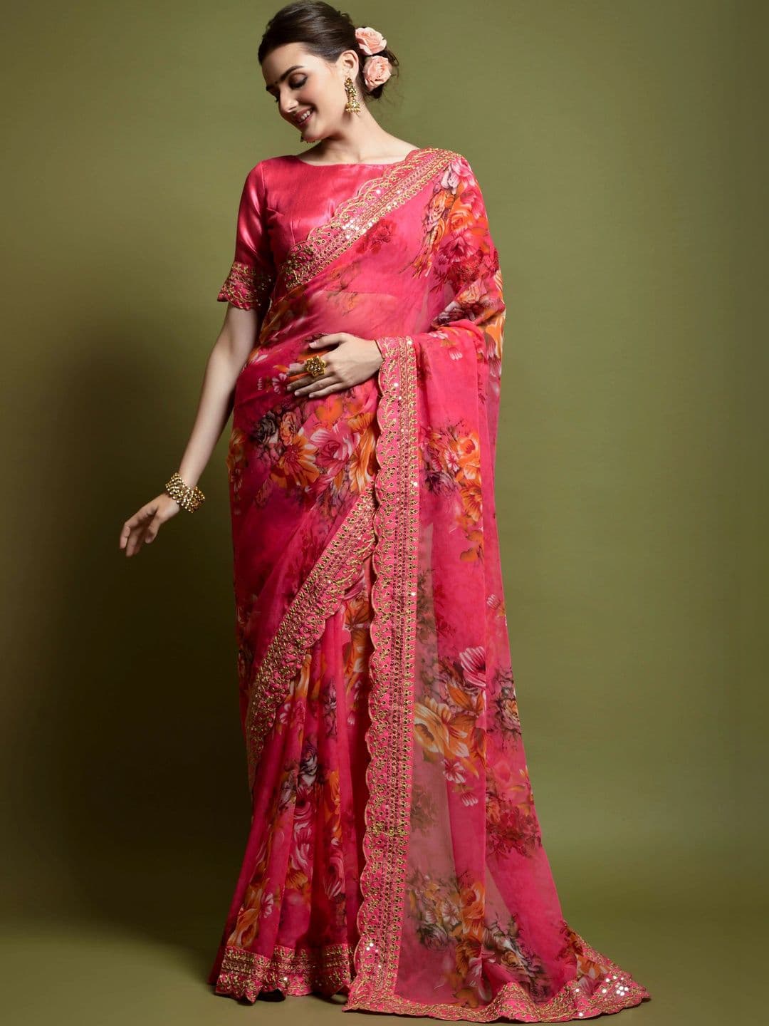 KALINI Floral Embroidered Pure Chiffon Saree - view 1