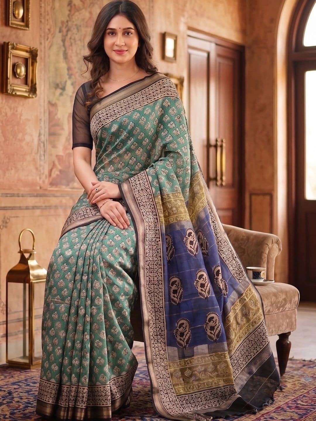 Vmdesigns Women Woven Design Zari Linen Blend Saree thumbnail 3