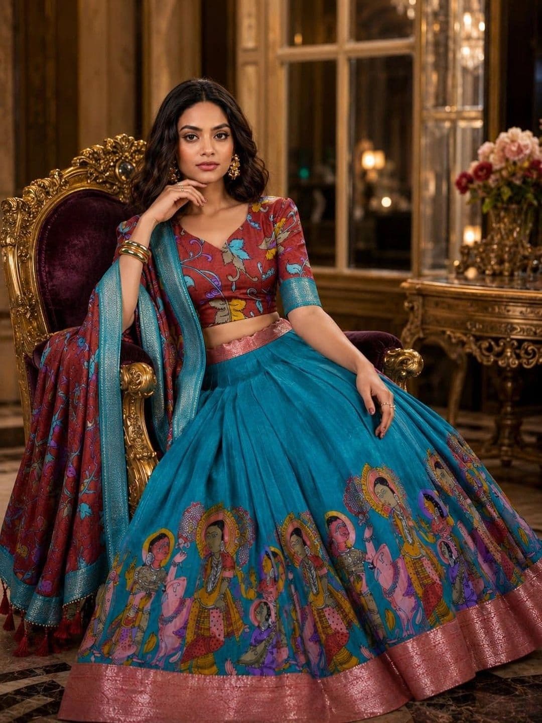 House of Pataudi Printed Semi-Stitched Lehenga & Unstitched Blouse Taping - view 1