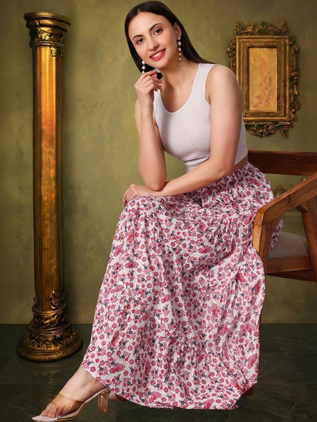 House of Sakhhi Women Pure Cotton Blend Floral Maxi Flared Skirt thumbnail 3