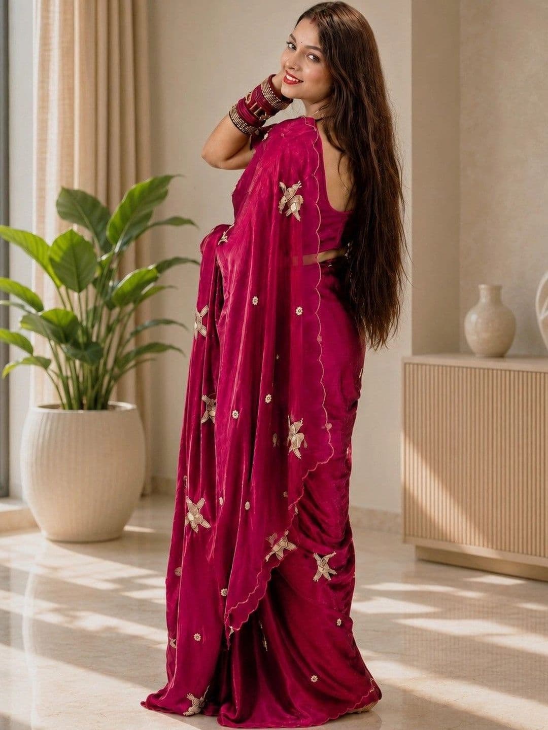 R K ENTERPRISE Embroidered Satin Saree thumbnail 2