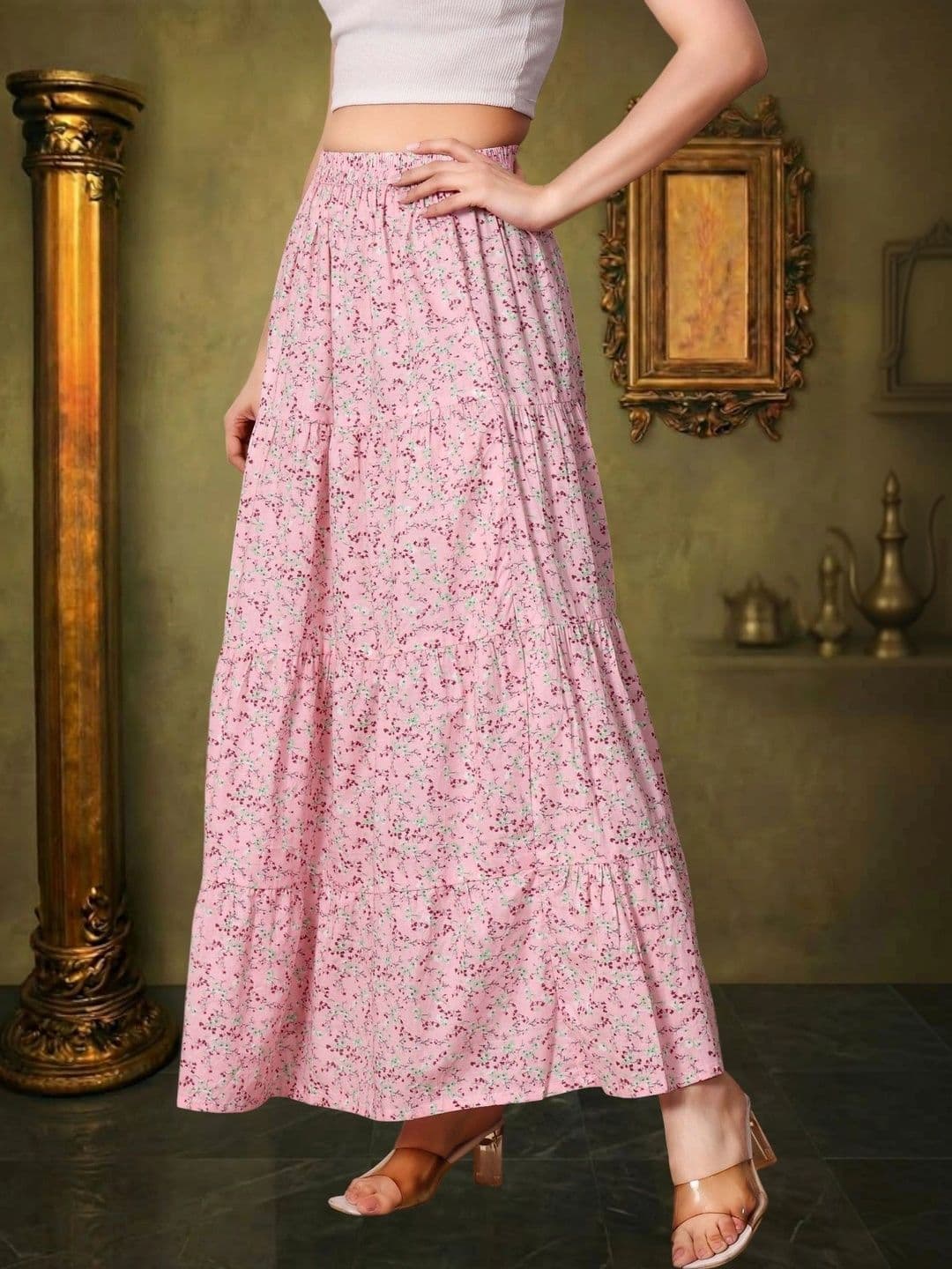House of Sakhhi Women Pure Cotton Blend Floral Micro or Ditsy Print Maxi Tiered Skirt thumbnail 4