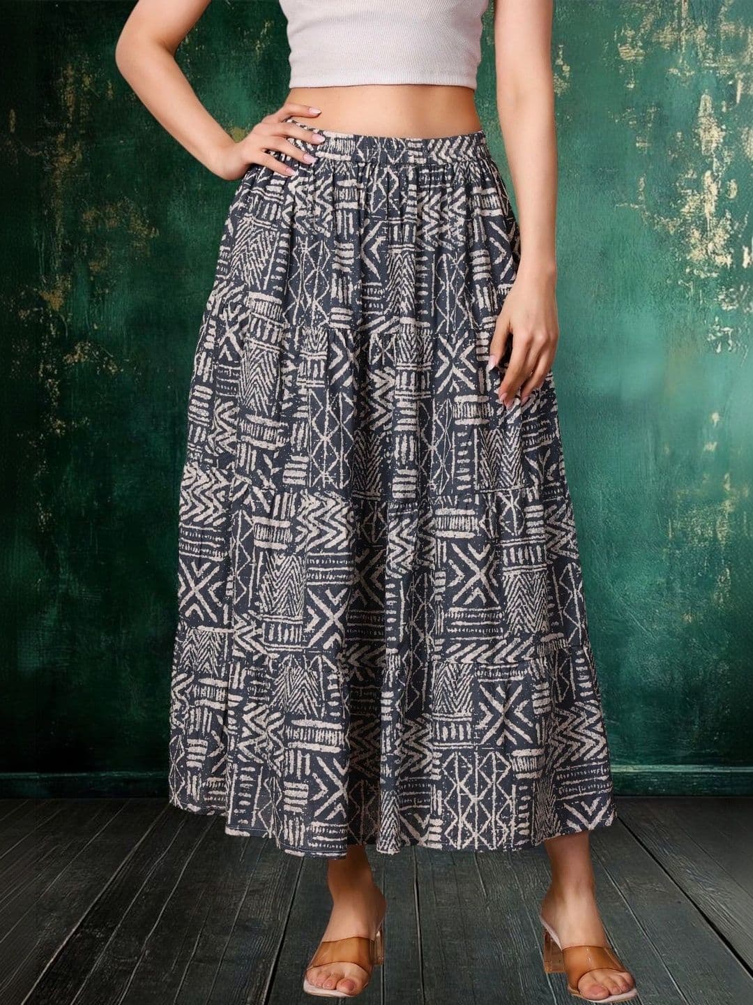 House of Sakhhi Women Pure Cotton Blend Geometric Bohemian Maxi Tiered Skirt - view 1