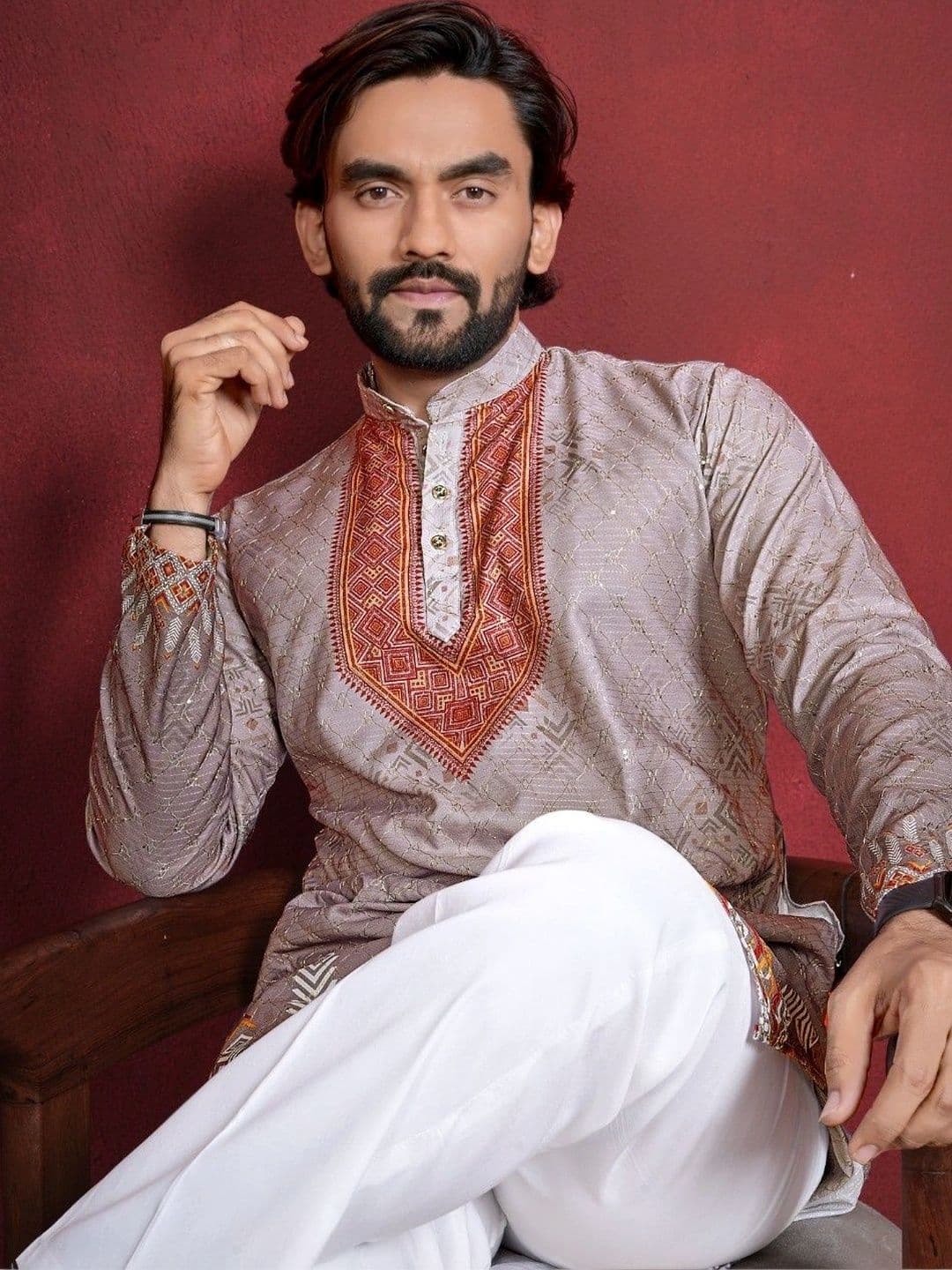 CHARLOTTE GRACIOUS Men Ethnic Motifs Printed Thread Work Kurta thumbnail 2