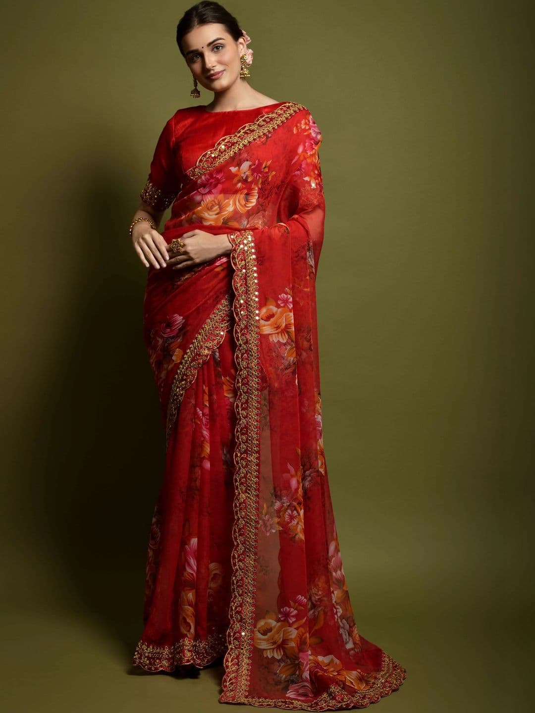 KALINI Floral Embroidered Pure Chiffon Saree - view 1
